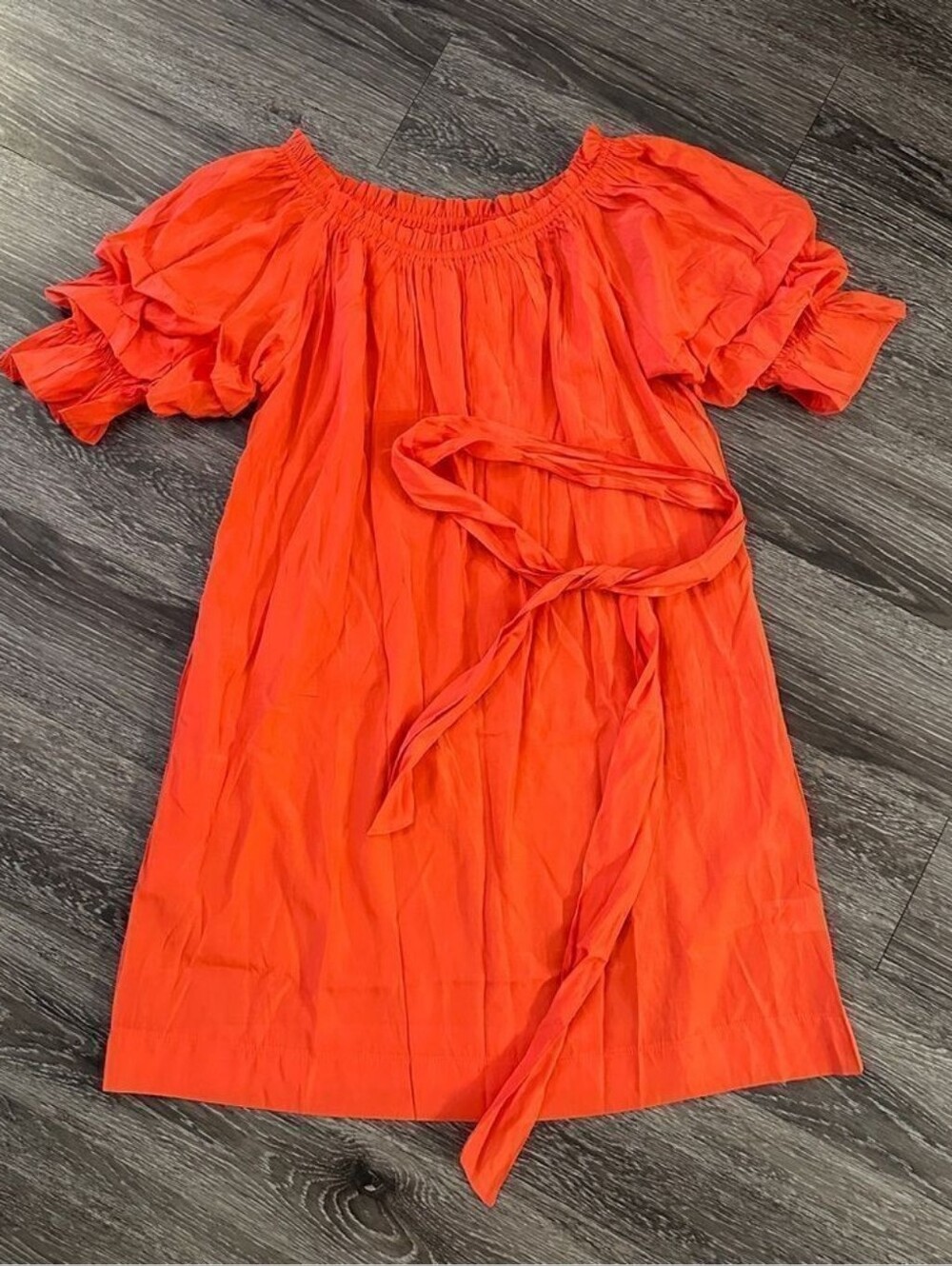 MERSEA x Anthropologie Tulum Ruffle Dress Sunset Orange Off Shoulder Medium - Picture 3 of 16